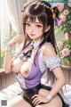 a sexy anime girl with big tits sitting on a bed