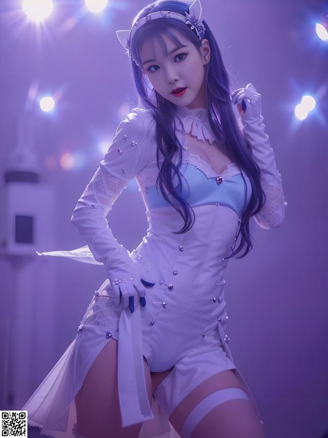 A woman in a white and blue outfit posing for a picture.