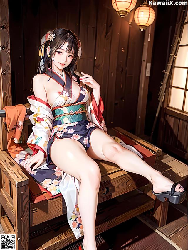 A woman in a kimono sitting on a wooden bench.