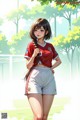 A girl in a red shirt and white shorts standing on a field.