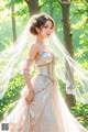 A woman in a wedding dress standing in the woods.