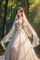 A woman in a wedding dress standing in the woods.