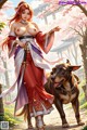 A woman in traditional attire holds a sword, accompanied by a dog in a garden setting with cherry blossoms.