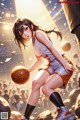 A girl in a basketball uniform holding a basketball.